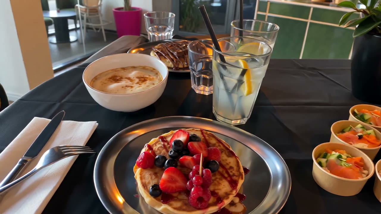 Table de brunch : pancakes aux fruits rouges, café et verres.